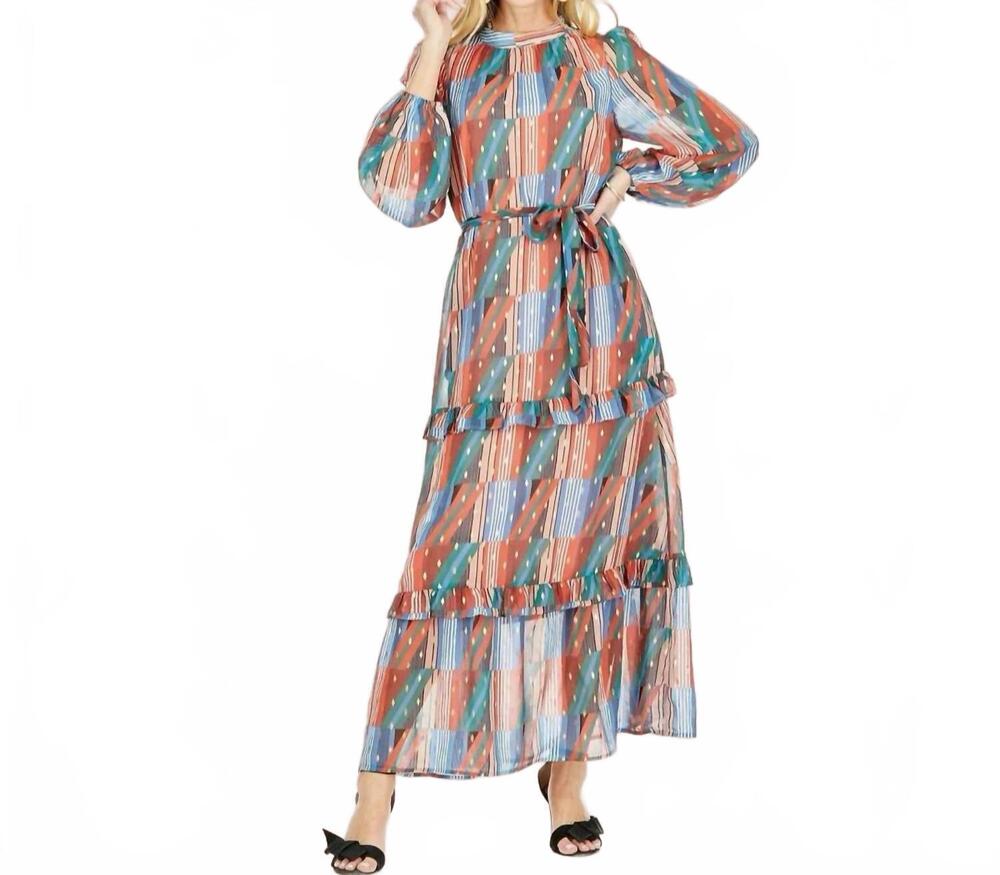 NEW JOY JOY geo stripe ruffle trim column dress in multi